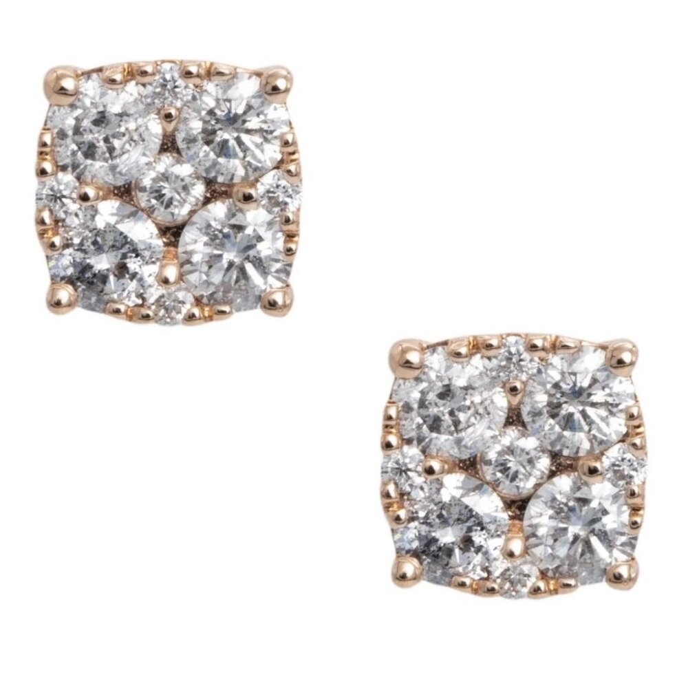 Rose Gold 925 Sterling Silver Square Flower Set Iced Cz Cluster Stud Earrings